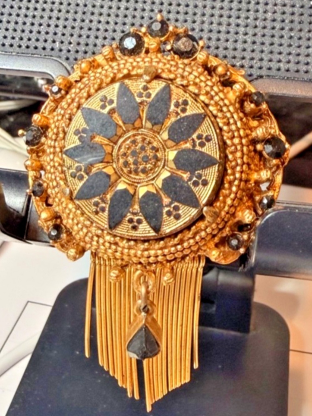 Florenza Gold Tone Black Glass Rhinestone Victorian Brooch, Signed #206289982888